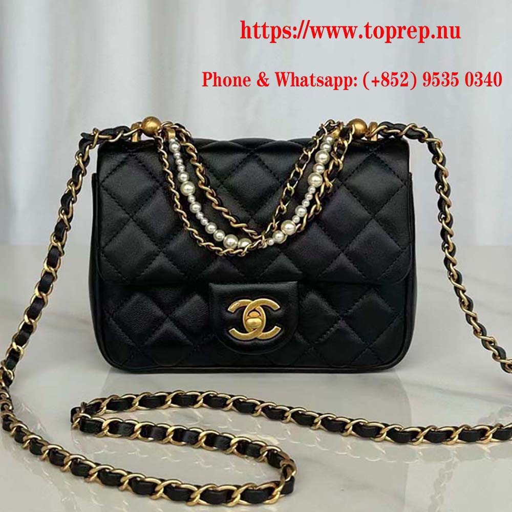 Chanel Women CC Mini Flap Bag Shiny Lambskin Imitation Pearls Black