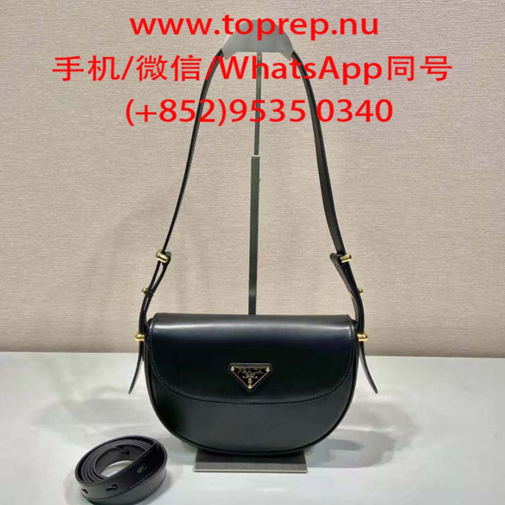 Prada Women Arqué Leather Shoulder Bag with Flap-Black